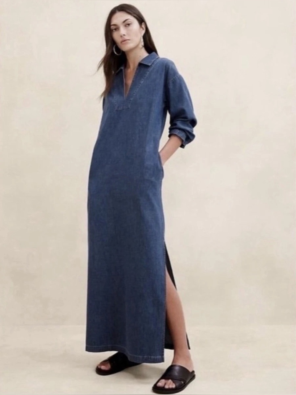Banana Republic Blue Denim Caftan Maxi Dress Size 0 100% Cotton Women's